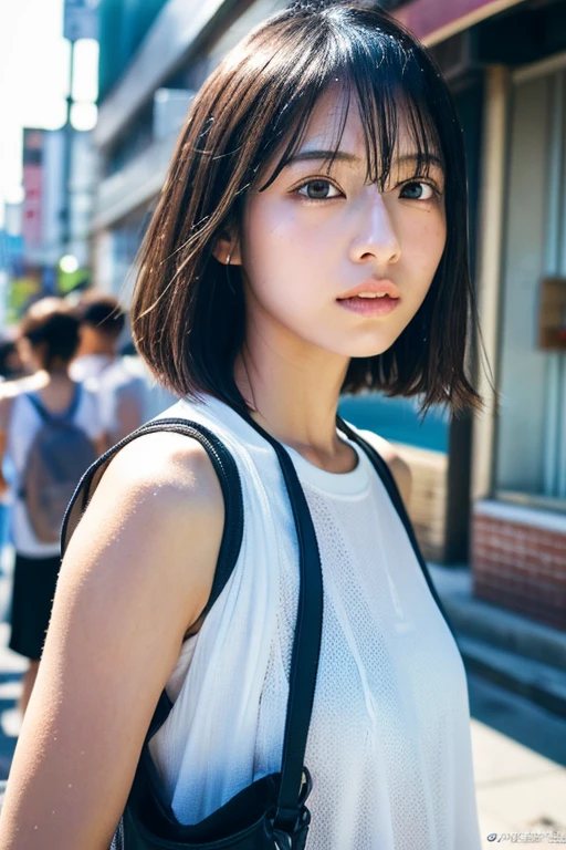 Analog Style, RAWphotograph, photograph, Hyperrealistic, amateur photo shot , Aesthetic artwork, ((Magazine Cover、Large text)), On the city streets, Detailed skin, detailed natural raw light, Very detailedな, Cinematic, highest quality, Super detailed, Very detailed, grain, noise, Heading, stylish, font, Memorable、A boyish and healthy beautiful girl,((Flowing sweat)) Beautiful Eyes, Realistic eyes, Beautiful details in the eyes, (Realistic Skin),Japanese Idols、short hair、High school girl、チョーカー、（（（小さくて白いパンティ）））、キャミソール
