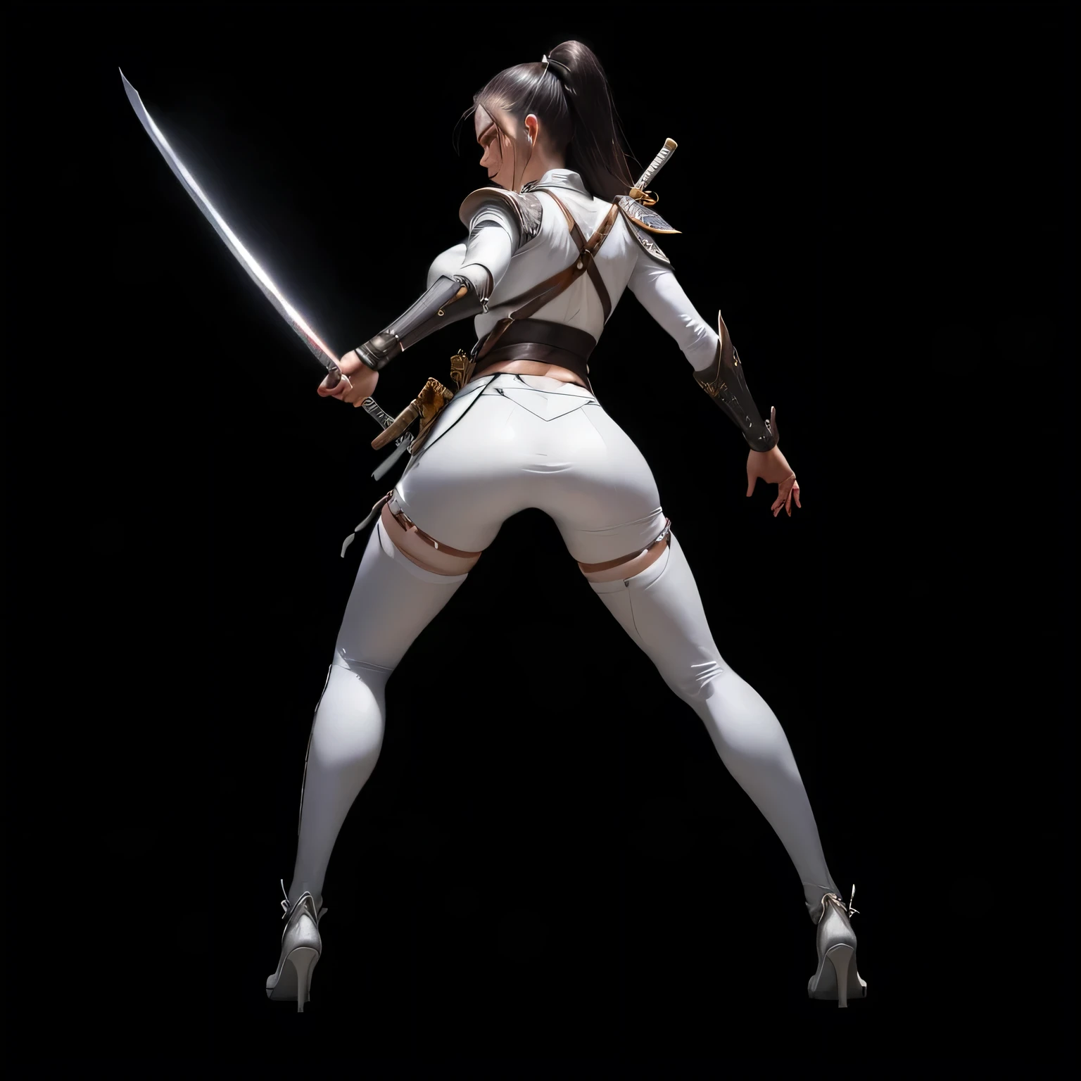 One was dressed in white、Close-up of woman holding sword, Katana Zero Video Game Character, Dramatic Katana Swinging Pose, Dramatic sword-wielding pose, White fashion photos, Sadistic Assassin, badass pose, Drawing her katana, Female Assassin, Fencing athlete, With a samurai sword strapped to his back, snake-head Female Assassin, sleek white armor,Pretty Face,32k,best quality