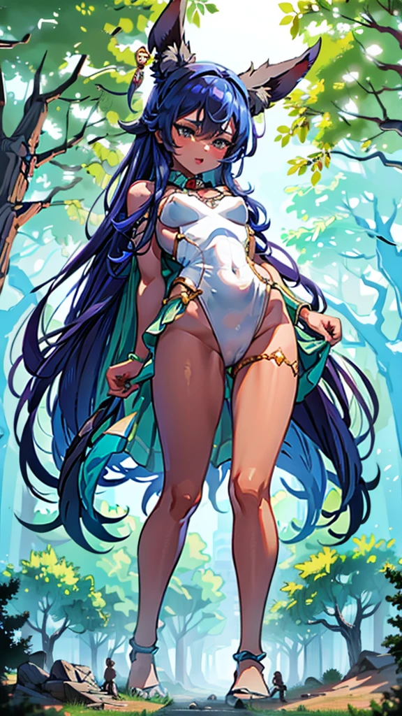 In a forest of large trees there is an even larger Amazonian giantess, with brown skin, black hair, thin, with clothes of the forest, and with very long and slim legs, she is looking for small human invaders of the forest to destroy them so that they do not disturb the peace of the forest. Giantess, goddess, hot, black skin, tall legs, sexy, tiny people, tiny humans, crush, forest, trees, standing, group of small people, slim body