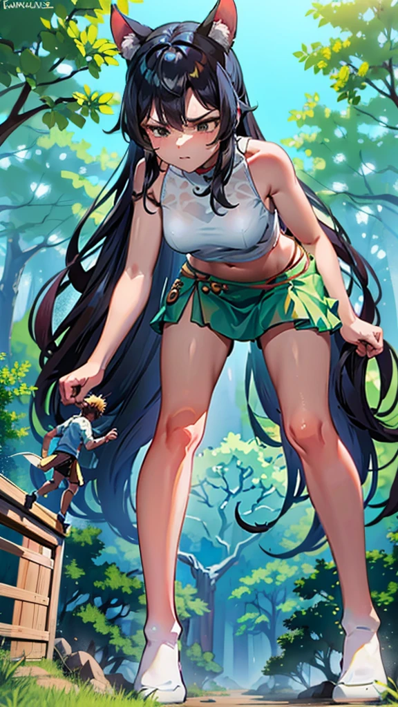 In a forest of large trees there is an even larger Amazonian giantess, with brown skin, black hair, thin, with clothes of the forest, and with very long and slim legs, she is looking for small human invaders of the forest to destroy them so that they do not disturb the peace of the forest. Giantess, goddess, hot, black skin, tall legs, sexy, tiny people, tiny humans, crush, forest, trees, standing, group of small people, slim body
