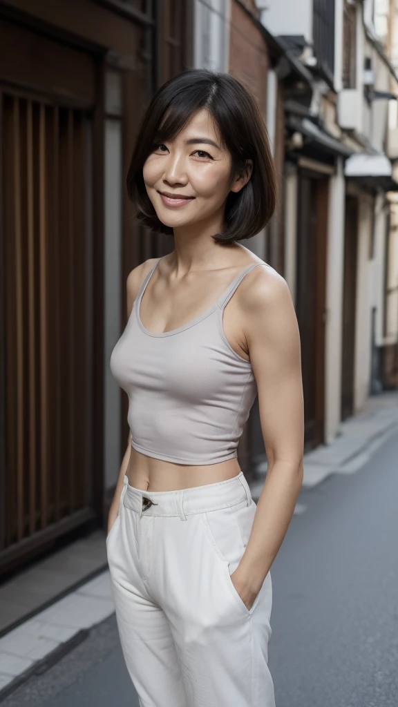 ((Highest quality)), ((8K)), ((masterpiece:1.3)), (Perfect look), (Photorealism:1.6), (PT, TI, JMA), (Walking woman), (A Japanese woman walking through an old town), (A wide street), (Japanese houses line both sides of the road), Blurred Background, ((Realistic skin texture)), (Fine wrinkles appear all over the skin), (Dull skin), (Unmoisturized skin) , (Facial wrinkles), (Wrinkles around the eyes), double eyelid, Lower eyelid tear trough, The eyes are looking here, Smiling with a gentle gaze, (Dimples), Red lips, Mushroom-cut hair, Laugh with the corners of your mouth turned up, Soft fabric tank top, Slim jeans, High heels, Hair blowing in the wind, (Small breasts), (Small breasts), (Flat Chest: 1.2), (Standing posture, Full body portrait),