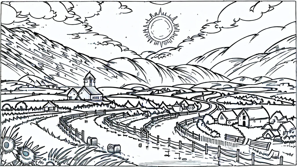 "Illustration of a farm scene with a windmill on the left, barn on right, hills in the middle, cloud, the sun smiled, and rainbows in the sky. In front of, there are sheep in the pen, cow, chicken with three chicks, and the chicken near the egg. Vegetables (carrot, good), Barrow, seed bag/fertilizer, sunflower, the Apple tree, and irrigation canals are also visible. This rural atmosphere is educational and fun."