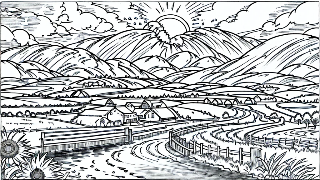 "Illustration of a farm scene with a windmill on the left, barn on right, hills in the middle, cloud, the sun smiled, and rainbows in the sky. In front of, there are sheep in the pen, cow, chicken with three chicks, and the chicken near the egg. Vegetables (carrot, good), Barrow, seed bag/fertilizer, sunflower, the Apple tree, and irrigation canals are also visible. This rural atmosphere is educational and fun."