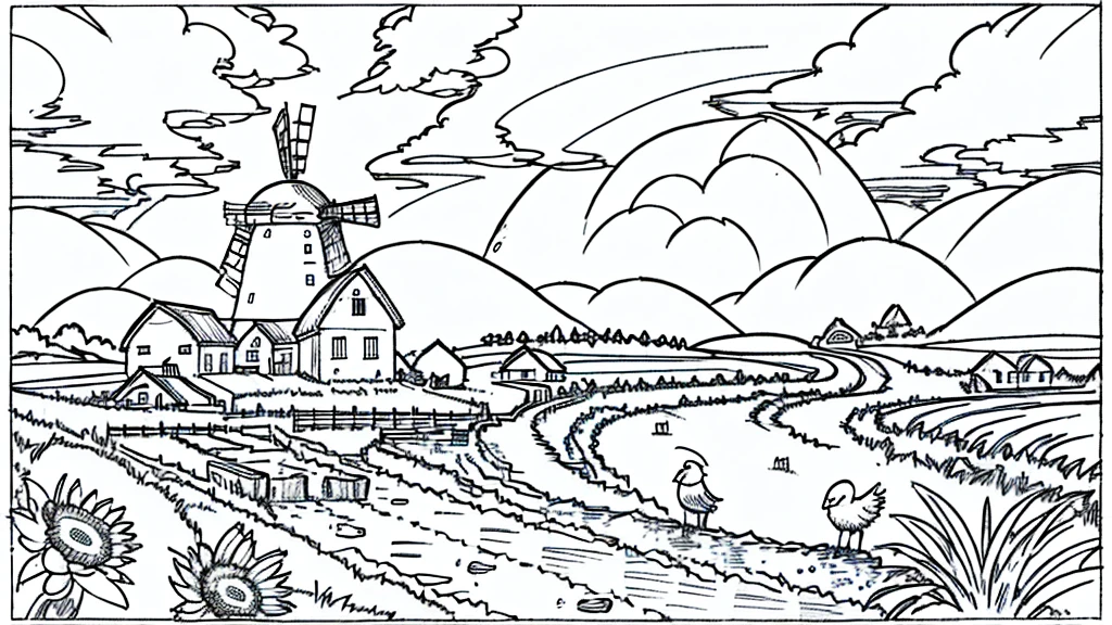 "Illustration of a farm scene with a windmill on the left, barn on right, hills in the middle, cloud, the sun smiled, and rainbows in the sky. In front of, there are sheep in the pen, cow, chicken with three chicks, and the chicken near the egg. Vegetables (carrot, good), Barrow, seed bag/fertilizer, sunflower, the Apple tree, and irrigation canals are also visible. This rural atmosphere is educational and fun."