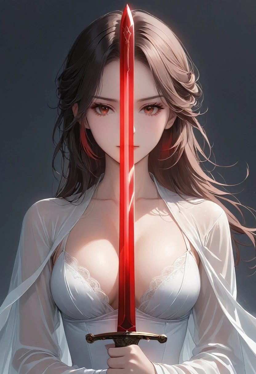 Girl with sword，Simple lines，Light underwear，（transparent），The chest is faintly visible，Cleavage，Minimalism，Holding a red long sword，