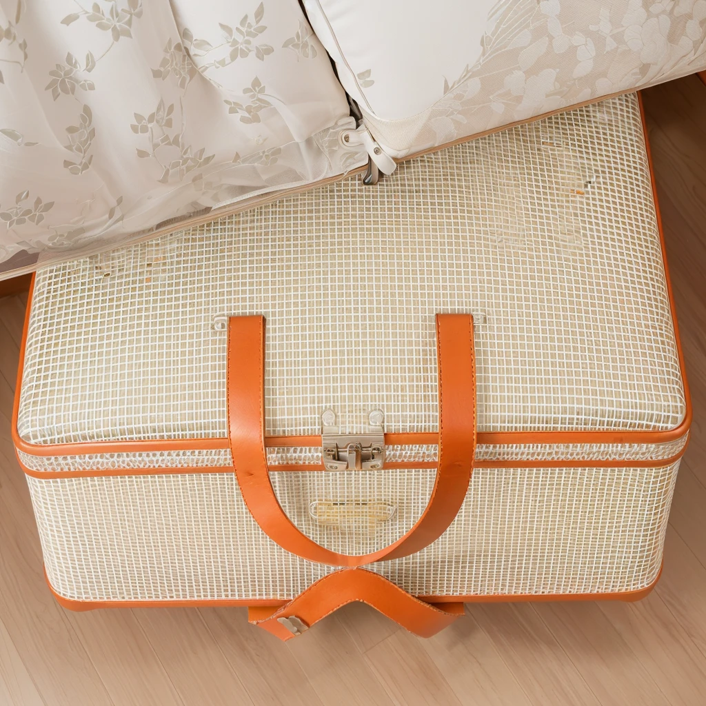 床边的地板上放着一个luggage箱, in suitcase, Bottom Angle, Alexandra Fomina, easy going, Designed for comfort and aesthetics!, Retro Style, luggage, High quality details, High quality detailss, Highly detailed composition, By Anita Malfatti, Very detailed product photos, the handbag is over a wood table, Near Angle, Perfect details
