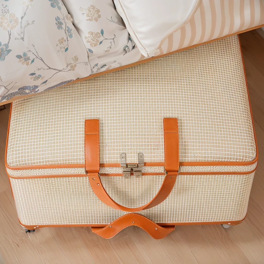 床边的地板上放着一个luggage箱, in suitcase, Bottom Angle, Alexandra Fomina, easy going, Designed for comfort and aesthetics!, Retro Style, luggage, High quality details, High quality detailss, Highly detailed composition, By Anita Malfatti, Very detailed product photos, the handbag is over a wood table, Near Angle, Perfect details