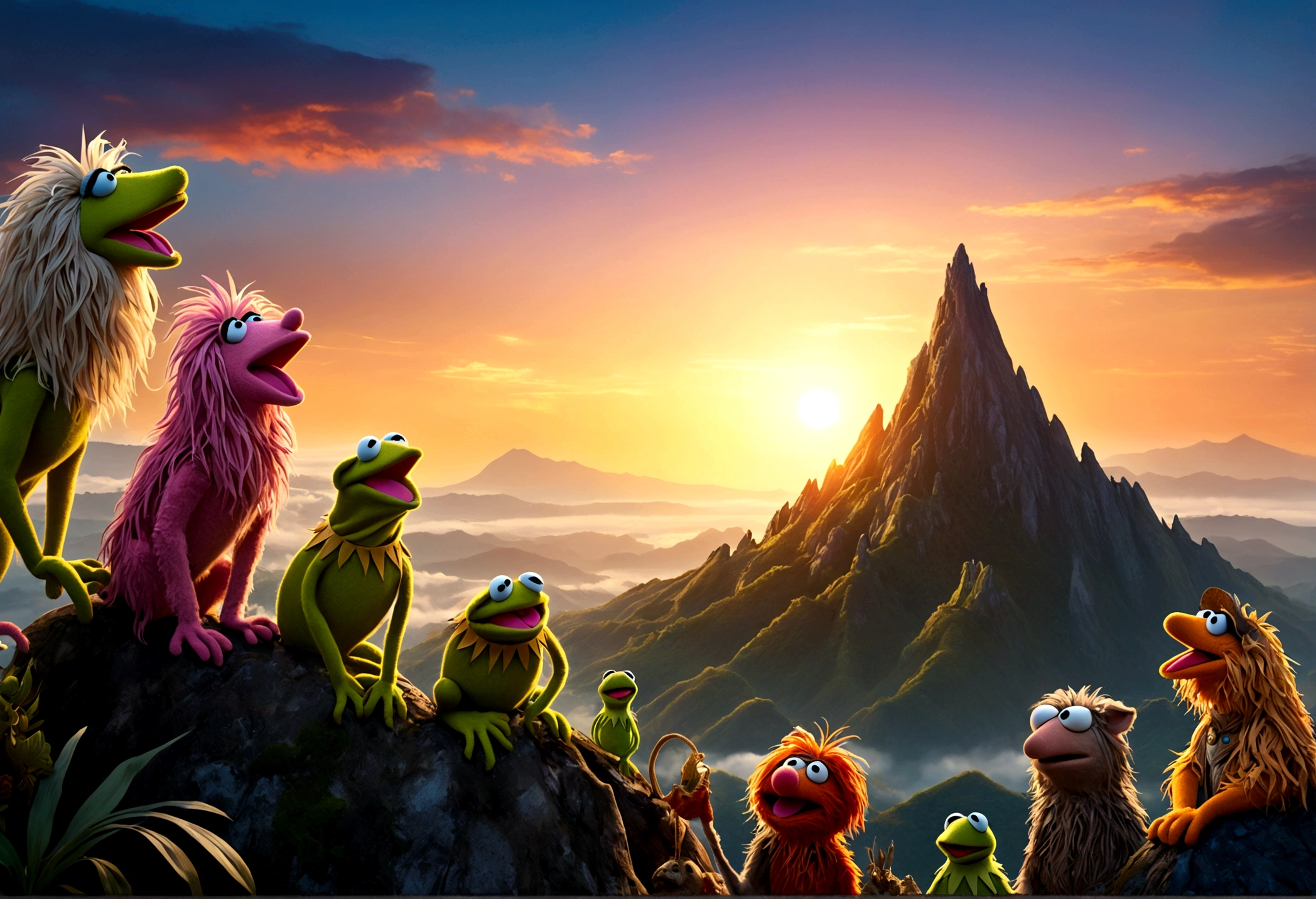 high fantasy, a bunch of muppet animals are howling at the sunrise on an alien world, mountain top, bizarre jungle, lovely
