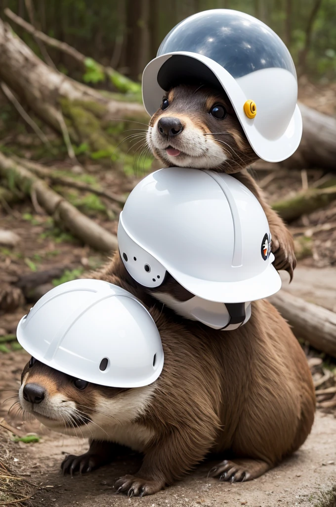 Beaver with white helmet on its head