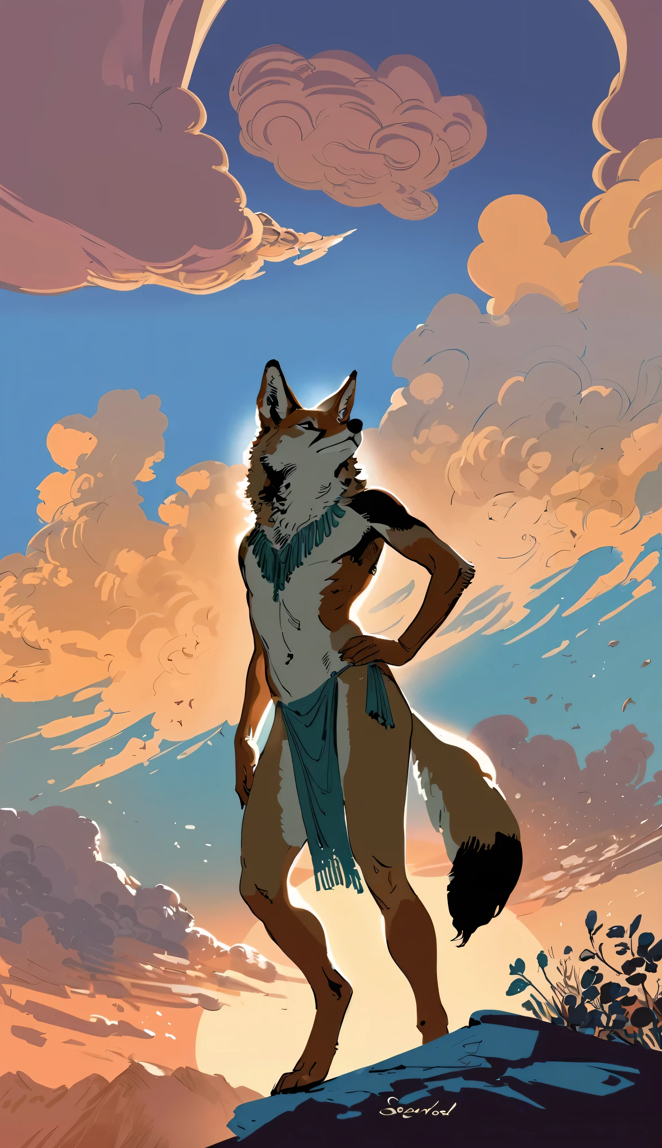 by seyorrol, digital artwork, (flat colors:1.2), ((detailed background)), intricate detailed background, powerful silhouette, mysterious shadows, realistic shading, (epic, masterpiece, high quality, 8k, ultra HD, absurd res, top quality, best quality, max quality, masterpiece), dusk, cloudy sky,