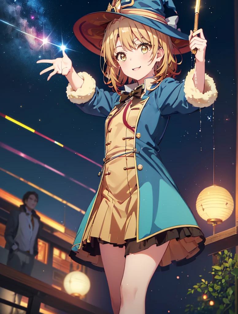 Irohaisshiki, isshiki iroha, short hair, Brown Hair, (Brown eyes:1.5), smile,(colorful glowing lantern),((A night sky filled with colorful and cute creatures)),((Big full moon)),((Sparkling and colorful stars)),Fluffy hair,,Slight red tide,((Brown eyes)),((Idol style costume with soft volume)),Long skirt,Pointed shoes,((gorgeous wizard hat)),((witch)),(magic wand with a jewel on the tip),smile,Kamimei,((側面shape))
break outdoors, forest,forest
break looking at viewer,
break (masterpiece:1.2), Highest quality, High resolution, unity 8k wallpaper, (shape:0.8), (Narrow and beautiful eyes:1.6), Highly detailed face, Perfect lighting, Highly detailed CG, (Perfect hands, Perfect Anatomy),