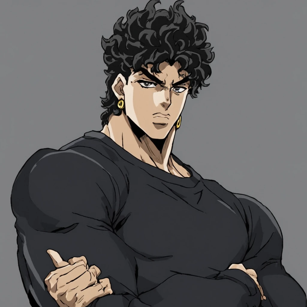 JoJo style, part7, JoJo's Bizarre Adventure, male, average height, anime, dark skinned, wavy hair, black sweatshirt, marked jaw,short hair, teen