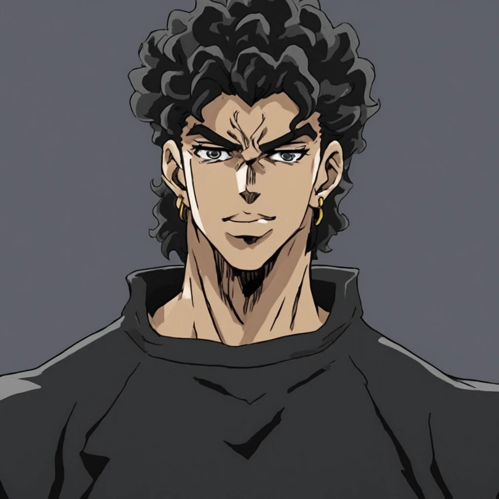 JoJo style, part7, JoJo's Bizarre Adventure, male, average height, anime, dark skinned, wavy hair, black sweatshirt, marked jaw,short hair, teen