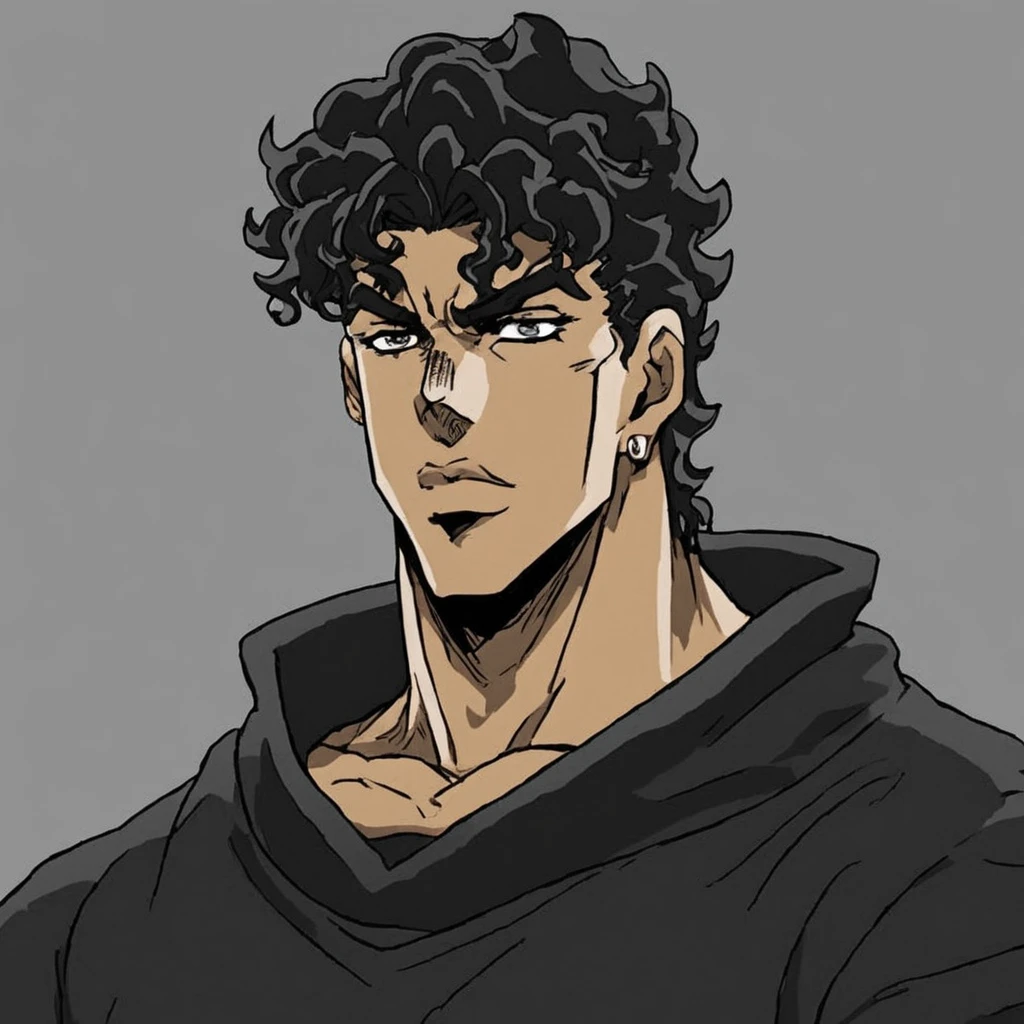 JoJo style, part7, JoJo's Bizarre Adventure, male, average height, anime, dark skinned, wavy hair, black sweatshirt, marked jaw,short hair, teen