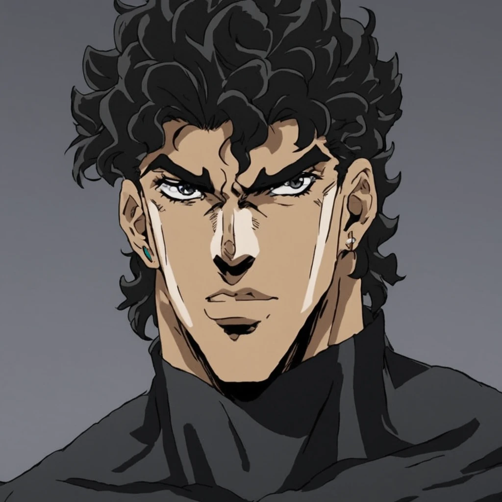 JoJo style, part7, JoJo's Bizarre Adventure, male, average height, anime, dark skinned, wavy hair, black sweatshirt, marked jaw,short hair, teen