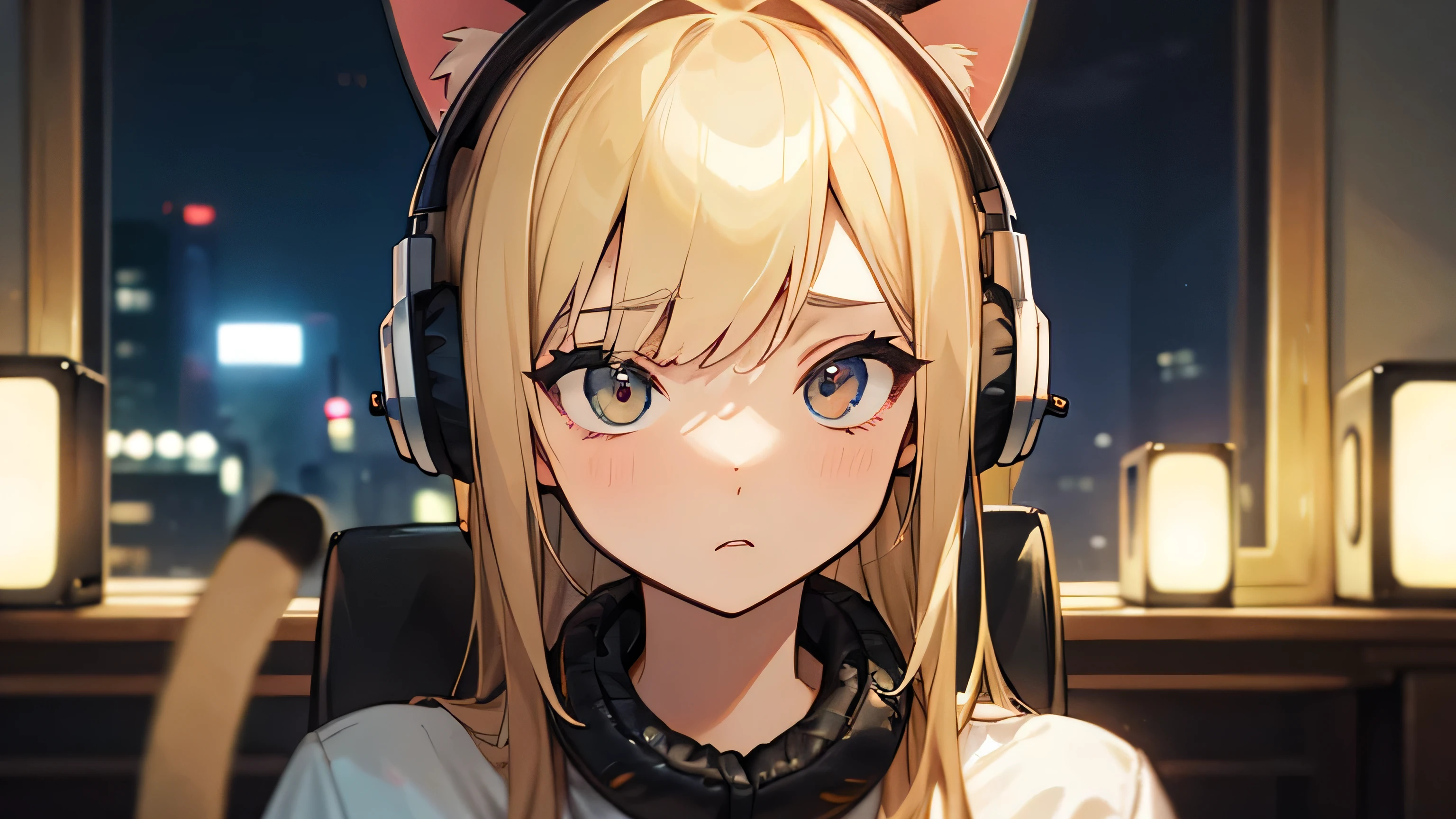 Room with speakers、Cat with headphones、Face close-up、night、Blonde、stunned、Sitting in a chair