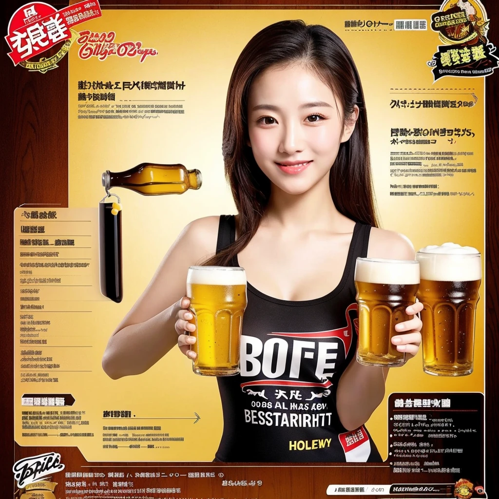 ((best quality)), ((masterpiece)), (detailed), 1girl, beer promotion flyer, holding 2glasses of beer