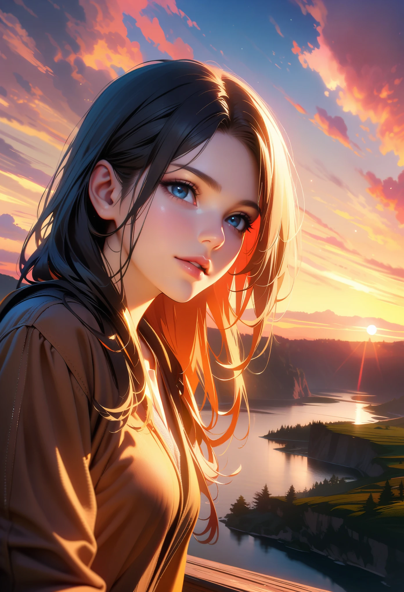Masterpiece, Best Quality, Super Detailed, High Definition, HDR, Realistic, Depth, Fine Texture, Super Fine, Complete concentration,beautiful detailed eyes, beautiful detailed lips, extremely detailed eyes and face, long eyelashes, The morning time when the sun rises, 1girl, girl looks at the rising sun, scenic landscape, cliff, lake, forest, sunrise, beautiful sky, few clouds,vibrant colors,dramatic lighting,highly detailed,serene,tranquil,picturesque,stunning,breathtaking, Cinematic light,vibrant colors, vivid colors, professional, ultra-detailed, intricate details, volumetric lighting, lens flare, particles,