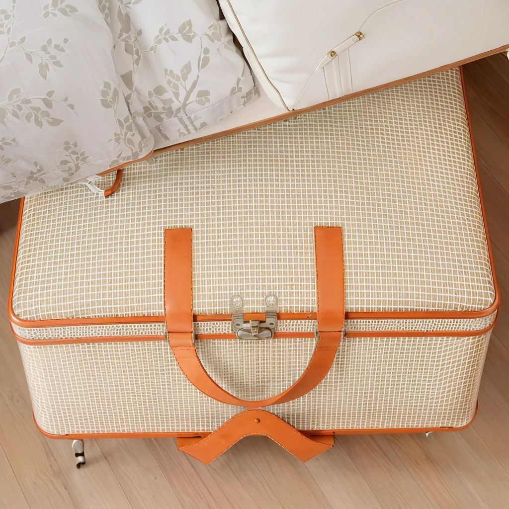 床边的地板上放着一个luggage箱, in suitcase, Alexandra Fomina, Bottom Angle, easy going, luggage, Retro Style, Designed for comfort and aesthetics!, By Anita Malfatti, Highly detailed composition, High quality details, High quality detailss, the handbag is over a wood table, Decorated with Soviet motifs, author:Zofia Stryjanska