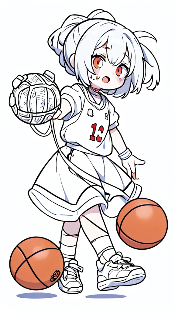 A cute zombie playing basketball, line drawing, simple line art, coloring page style, white background