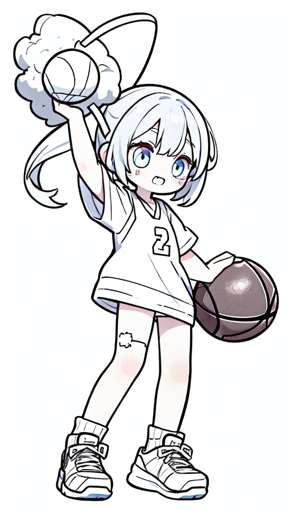 A cute zombie playing basketball, line drawing, simple line art, coloring page style, white background