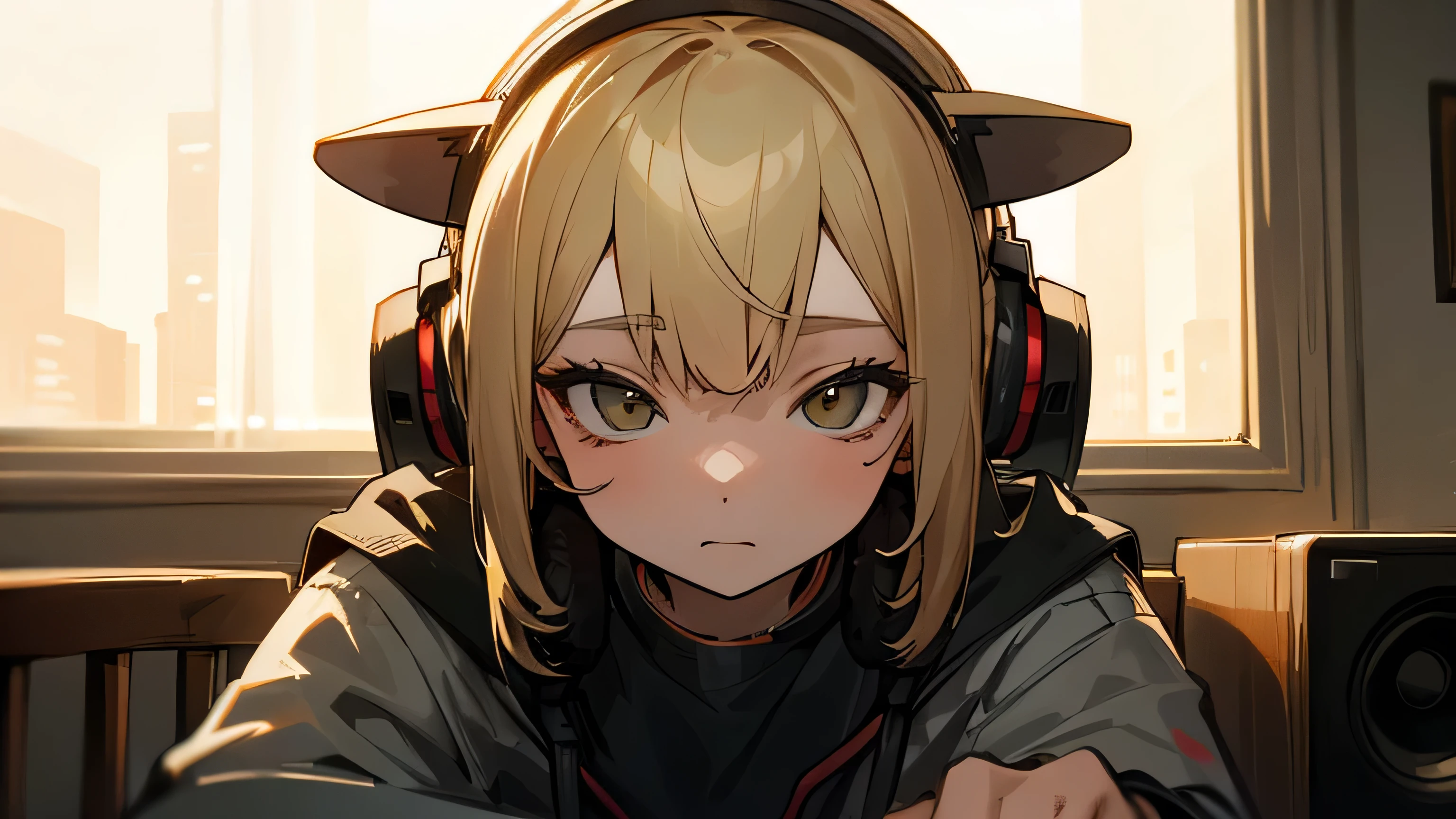 Room with speakers、Cat with headphones、Face close-up、night、Blonde、Drunk、Sitting in a chair