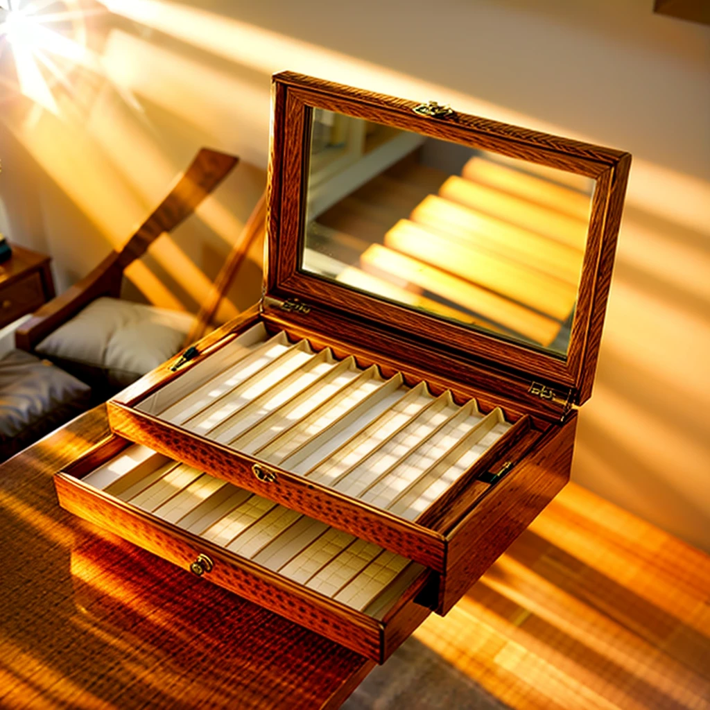 In this cozy room，A ray of sunlight shone through the half-drawn curtains on the table，Let the wood grain on the watch storage box shine with a faint luster。There was a calm and peaceful atmosphere in the air around them。There are several still lifes hanging on the walls of the room，It adds a touch of elegance to the space。And on the other side of the room，The half-open window lets in the breeze，The pages on the small desk by the window turned in the wind，This quiet scene gives a sense of tranquility and comfort。

