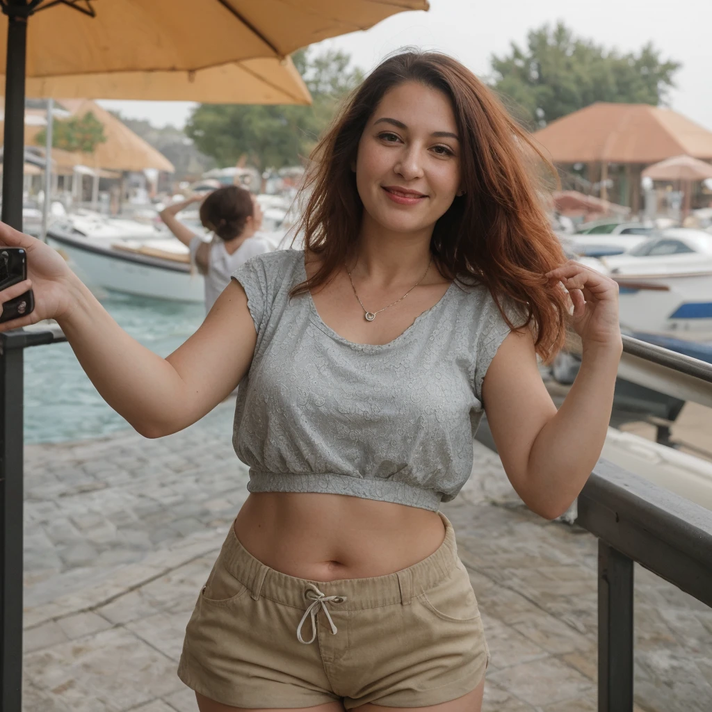 1 girl, solo, Caucasian, Old woman, mature, her name is Sophia, ((consistent face and image)), (((60 years old woman))), (((wrinkles))), ((long red hair)), ((fair skin)), ((round face)), ((short roman nose)), ((brown plump lips)), ((full body)), ((half body shot)), (((sexy and chubby body))), (((wearing shorts and blouse))), (at Portugal), smirk, (selfie), ((summer season)), 