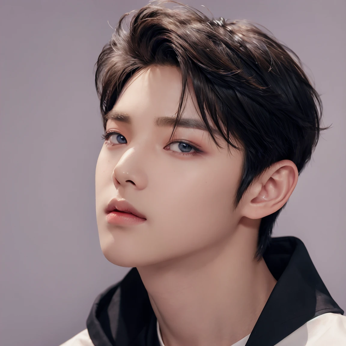professional shoulder up photograph, handsome young man, model, crew cut, detailed face, detailed eyes, plain background, kpop