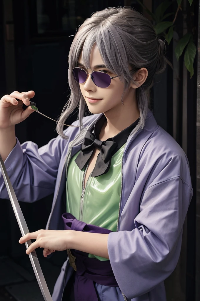 young man, purple sunglasses, holding japanese sword, holding bow, slime is out of the hands, silver hair, think something, creepy smile