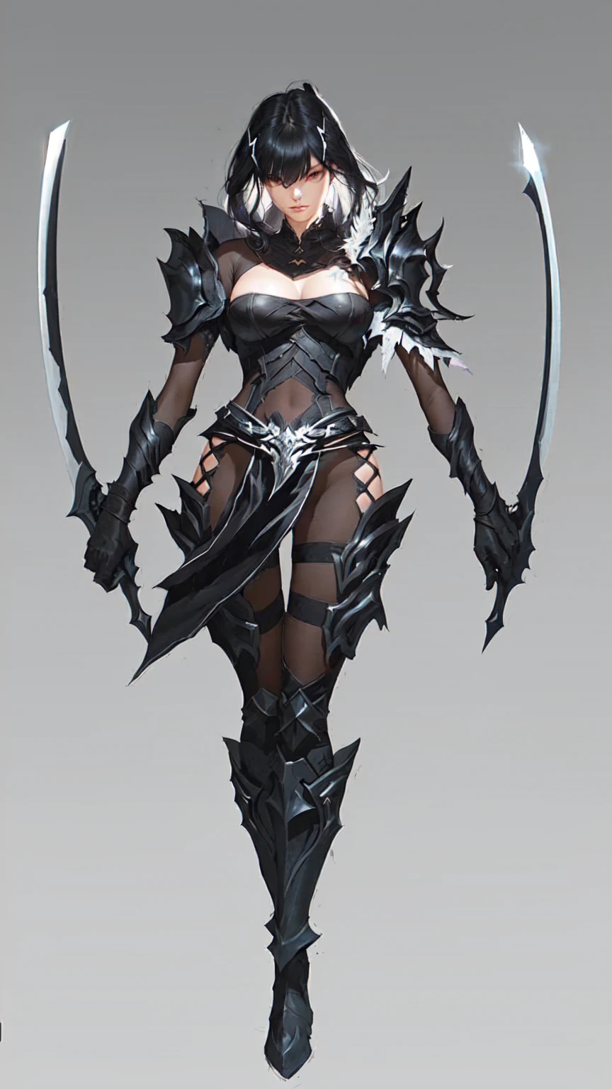 A man wearing black clothing、Close-up of woman holding sword, dark fantasy character design, Dark Witch Panorama, Light black armor, AuthorShen Zhou, Diablo digital concept art, Game concept art, Whole body concept, role playing game (RPG) concept art character, Dark Elves, League of Legends concept art, Trendin on artstation, beautiful Whole body concept art