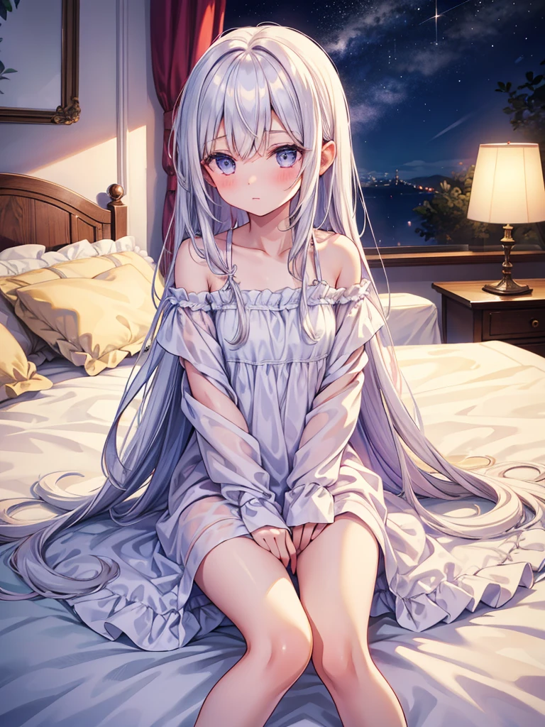 1girl, in sleeping night gown, white night gown, long silky hair, looking bashful at viewer, tucking hair behind ear, looking up, sitting on bed,