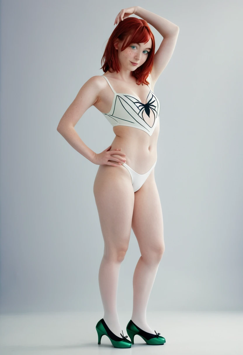 high quality instagram photo, full body of a Scandinavian girl, 20 years old, red hair, sexy, green eyes, freckles, cute face, large breasts, big ass in sexy Spider-Gwen costume with black spider symbol on chest，ballet white slippers of new York evening background