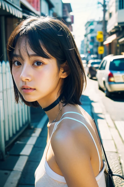Analog Style, RAWphotograph, photograph, Hyperrealistic, amateur photo shot , Aesthetic artwork, ((Magazine Cover、Large text)), On the city streets, Detailed skin, detailed natural raw light, Very detailedな, cinematic, highest quality, Super detailed, Very detailed, grain, noise, Heading, stylish, Font, memorable、A boyish and healthy beautiful girl,((Flowing sweat)) Beautiful Eyes, Realistic eyes, Beautiful details in the eyes, (Realistic Skin),Japanese Idols、short hair、High school girl、choker、(((small white panties)))、camisole、Old house