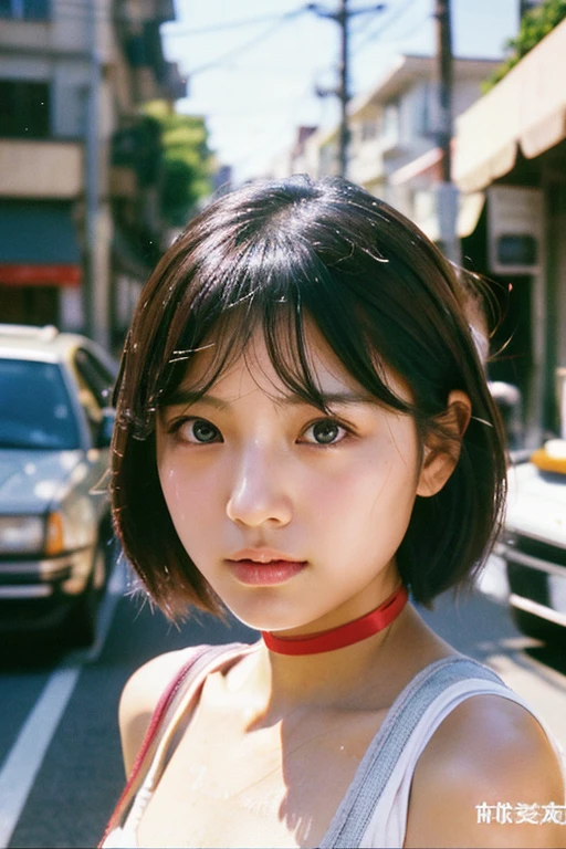 Analog Style, RAWphotograph, photograph, Hyperrealistic, amateur photo shot , Aesthetic artwork, ((Magazine Cover、Large text)), On the city streets, Detailed skin, detailed natural raw light, Very detailedな, cinematic, highest quality, Super detailed, Very detailed, grain, noise, Heading, stylish, Font, memorable、A boyish and healthy beautiful girl,((Flowing sweat)) Beautiful Eyes, Realistic eyes, Beautiful details in the eyes, (Realistic Skin),Japanese Idols、short hair、High school girl、choker、（（（small white panties）））、camisole、Old house