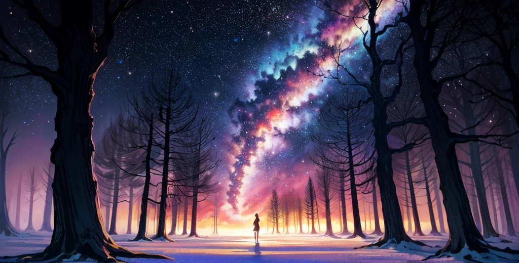 high quality, 8K Ultra HD, In "Celestial Dreamscape," the canvas bursts with ethereal colors that seem to defy the laws of nature, The sky is a mesmerizing blend of deep indigo and shimmering hues of violet, as though it holds secrets from distant galaxies, A cascade of celestial bodies, including otherworldly planets and iridescent moons, orbits in a cosmic dance, casting a soft glow upon the dreamlike landscape, The foreground reveals an enchanted forest, where trees are adorned with phosphorescent leaves that emit a gentle, soothing light. The trunks of these mystical trees twist and intertwine, creating archways that beckon viewers to explore the hidden realms beyond, Small, luminescent creatures flit between the branches, leaving trails of stardust in their wake, by yukisakura, high detailed,