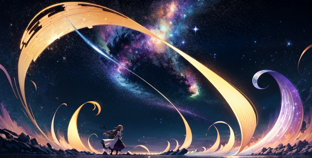 high quality, 8K Ultra HD, In "Celestial Dreamscape," the canvas bursts with ethereal colors that seem to defy the laws of nature, The sky is a mesmerizing blend of deep indigo and shimmering hues of violet, as though it holds secrets from distant galaxies, A cascade of celestial bodies, including otherworldly planets and iridescent moons, orbits in a cosmic dance, casting a soft glow upon the dreamlike landscape, The foreground reveals an enchanted forest, where trees are adorned with phosphorescent leaves that emit a gentle, soothing light. The trunks of these mystical trees twist and intertwine, creating archways that beckon viewers to explore the hidden realms beyond, Small, luminescent creatures flit between the branches, leaving trails of stardust in their wake, by yukisakura, high detailed,