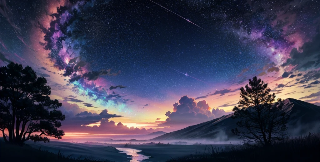 high quality, 8K Ultra HD, In "Celestial Dreamscape," the canvas bursts with ethereal colors that seem to defy the laws of nature, The sky is a mesmerizing blend of deep indigo and shimmering hues of violet, as though it holds secrets from distant galaxies, A cascade of celestial bodies, including otherworldly planets and iridescent moons, orbits in a cosmic dance, casting a soft glow upon the dreamlike landscape, The foreground reveals an enchanted forest, where trees are adorned with phosphorescent leaves that emit a gentle, soothing light. The trunks of these mystical trees twist and intertwine, creating archways that beckon viewers to explore the hidden realms beyond, Small, luminescent creatures flit between the branches, leaving trails of stardust in their wake, by yukisakura, high detailed,