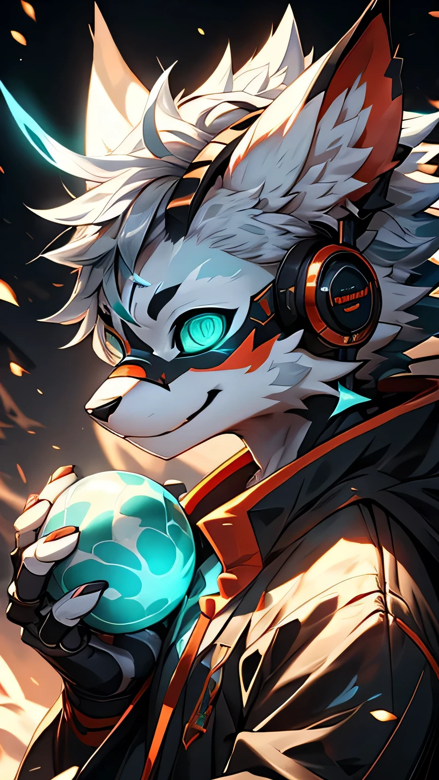 White devil,180cm,Holding a blue ball, Onmyoji, Onmyoji detailed art, Onmyoji portrait, White-haired deity, keqing from Genshin Impact impact, Genshin Impact, From Arknights, zhongli from Genshin Impact impact, heise jinyao, by Shitao, dragon, author:Yang Jie, yun lingoung werewolf, white fur, wearing a black jacket with neon details, sporting a cybernetic mask, with gamer headphones, profile picture, Close-up on the facehigh quality, digital art, drawing, HD 4k photorealistic, ((clear structural details)), Meticulous and realistic, Detailed eyes, (Turquoise blue pupils), ((Silvery-white glowing eyes)), Evil smile, Smile, slenderness, soft, 4K, Excellent quality, high detal, Detailed fur, ((The tail is in the right place) ,Light gold shirt