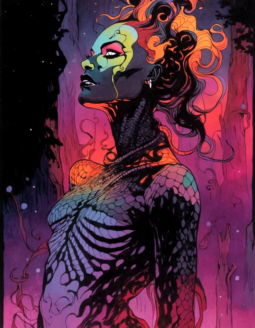 Medusa, splash page decompressed comic cover art, ink style figure,((expressive Joelle Jones and "Sean Gordon Murphy" comic drawing)), wordless, cinematic poster, double exposure, optical illusion, image within image, abyss void black no visibility darkness, full length portrait, (background, pine barrens, entropy, rewilding, magic hour sunset, galaxy stars, cosmos), (horror, abstract, surreal, body, cosmic), candid, snake skin dress, morphology anatomy drawn Frederic Delavier musculature anatomical illustration, (face, ornate black metal corpse paint, resembles Grace Jones), (body, Naga, snakefolk, lower body snake tail, snake woman hybrid, bald, hairless, skeleton, snake skin tattoos, piercing eyes, snake pupils, over the shoulder), (colors, bleak muted deep fiery radiant glowing ROYGBIV, forest green, earth brown), craftsmanship nuance, (Gerardo Zaffino charcoal), subliminal orchids, nyctophobia, silhouette
