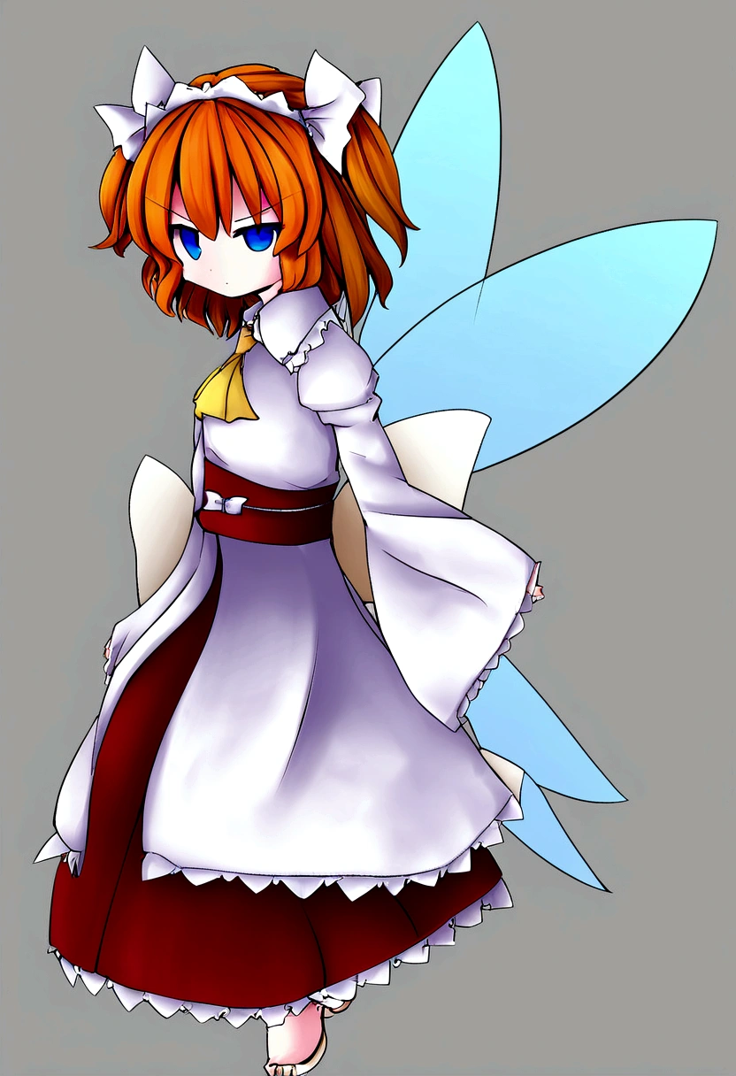 1girl, sunny milk (touhou), blue eyes, orange hair, two side up, fairy wings, yellow ascot, white headdress, hair ornament, sash, white bow, long sleeves, white dress, red skirt,