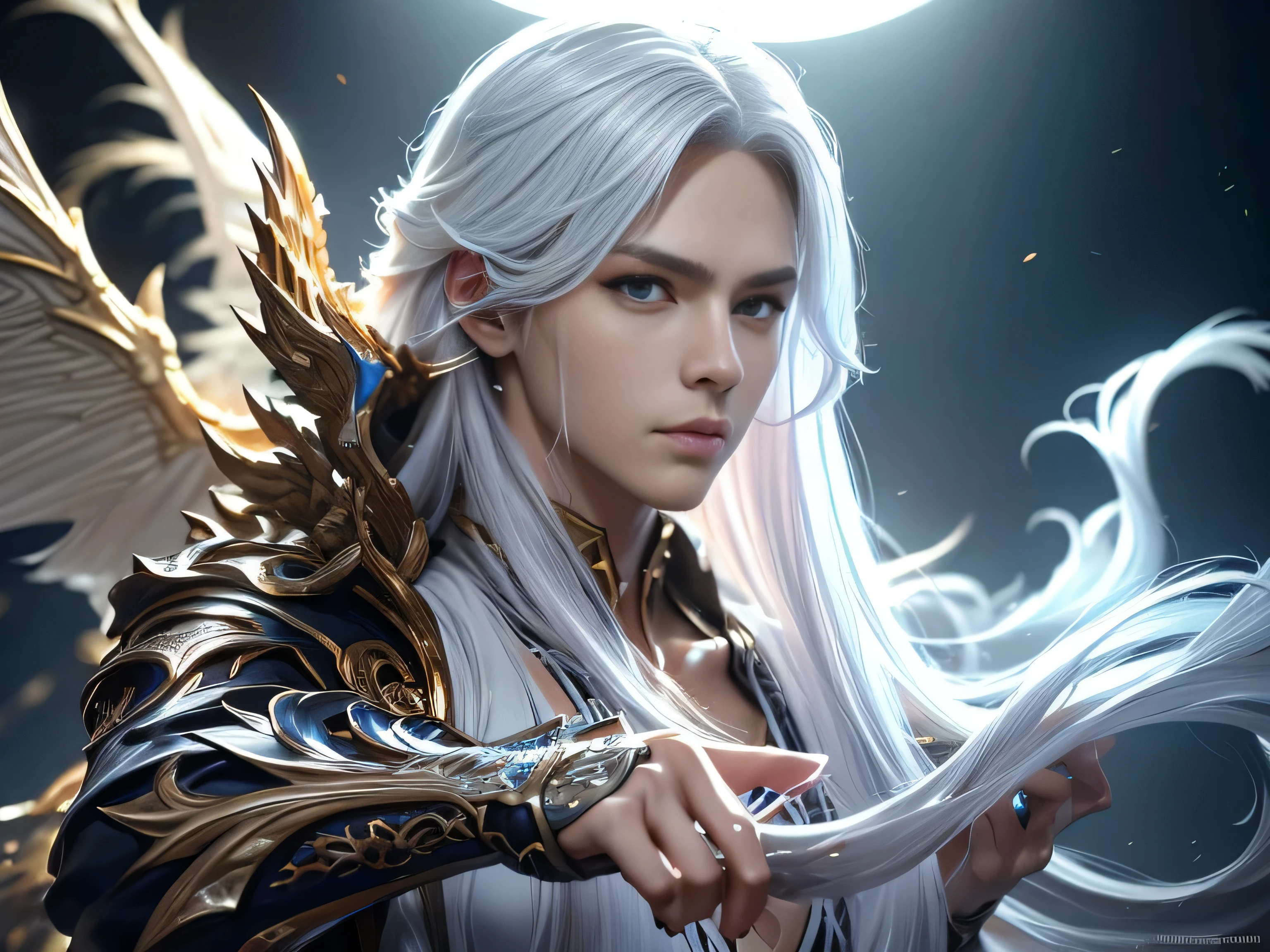 (Best Quality, 8K, Masterpiece, HDR, Soft Lighting, Picture Perfect, Realistic, Vivid), Male Humanoid Dragon (1.0), 1 Guy, Perfect Face, Super Detailed Photo of a Gorgeous Humanoid Dragon Man with Long White Hair, Side by Side lies a white dragon, Beautiful anime fantasy, background blur, anime fantasy, work in the style of Gouves, realism: 1.37, long white hair, plump lips, (((Curvy guy))), (Ultra high quality fantasy art), Masterpiece, male model, male character ultra high quality designs, detailed 8k anime art, realistic anime art, highest quality wallpapers, intricate ultra high quality accurate male characters faces, high quality designs and accurate physics (fantasy - ultra high quality art), dark fantasy style), masterpieces, super high quality quality characters, anime resolution - 8K, realistic anime art, wallpapers with the highest quality illustrations, ultra-high detail faces, high-quality design and accurate physics), color, depth of field, shadows, ray tracing, high-quality execution. -high quality and 8K resolution, (Accurate simulation of the interaction of light and materials)], [High-quality hair detail [Read more about beautiful and shiny white hair]], (Beautifully detailed hands [perfect fingers [Perfect nails]]], (perfect anatomy ( perfect proportions)))) [[Full-length]], [Perfect combination of colors (Accurate imitation of the interaction of light and material)], [art that conveys the meaning of the story](modified)