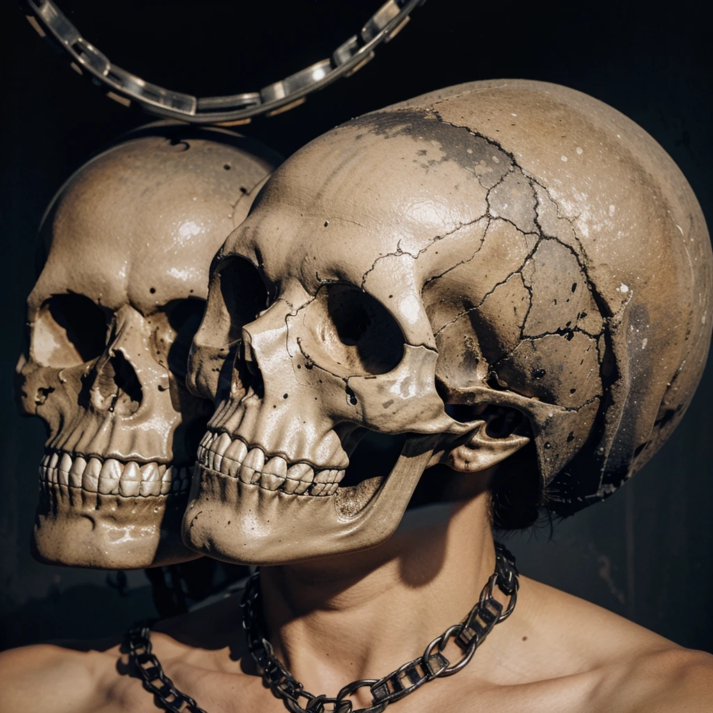 watercolor painting of a skull looking upwards looking at the dark moon, its neck bones chained by a large iron chain