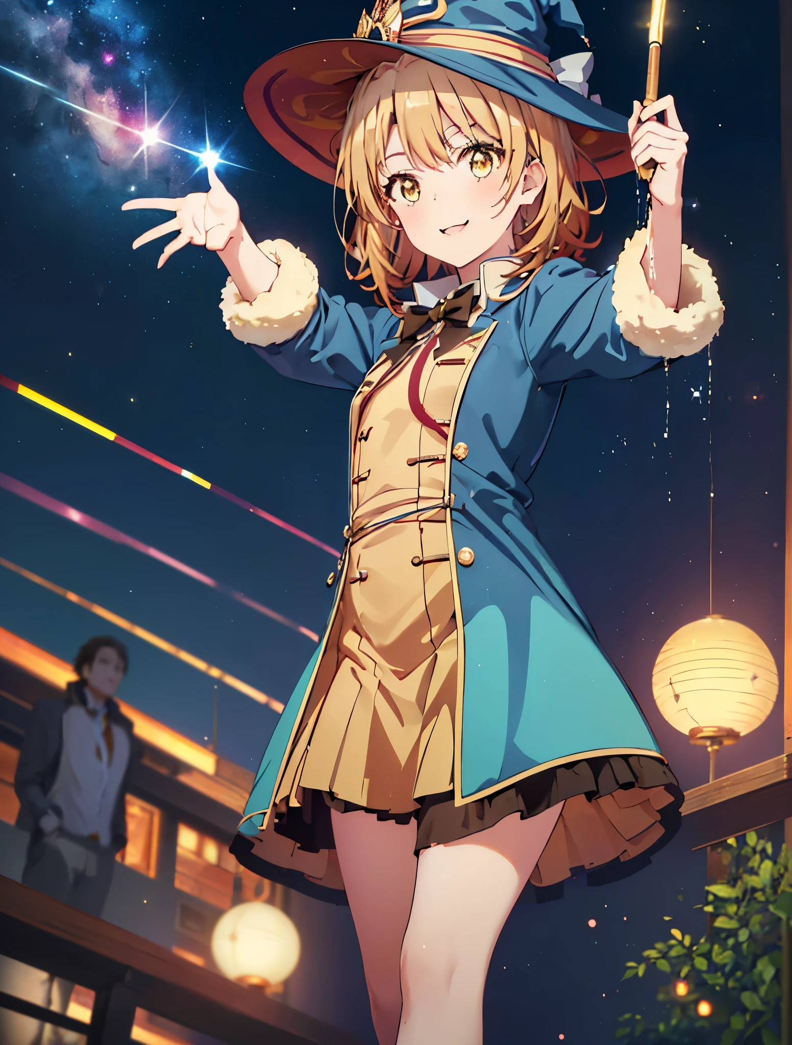 Irohaisshiki, isshiki iroha, short hair, Brown Hair, (Brown eyes:1.5), smile,(colorful glowing lantern),((A night sky filled with colorful and cute creatures)),((Big full moon)),((Sparkling and colorful stars)),Fluffy hair,,Slight red tide,((Brown eyes)),((Idol style costume with soft volume)),Long skirt,Pointed shoes,((gorgeous wizard hat)),((witch)),(magic wand with a jewel on the tip),smile,Kamimei,((側面shape))
break outdoors, forest,forest
break looking at viewer,
break (masterpiece:1.2), Highest quality, High resolution, unity 8k wallpaper, (shape:0.8), (Narrow and beautiful eyes:1.6), Highly detailed face, Perfect lighting, Highly detailed CG, (Perfect hands, Perfect Anatomy),