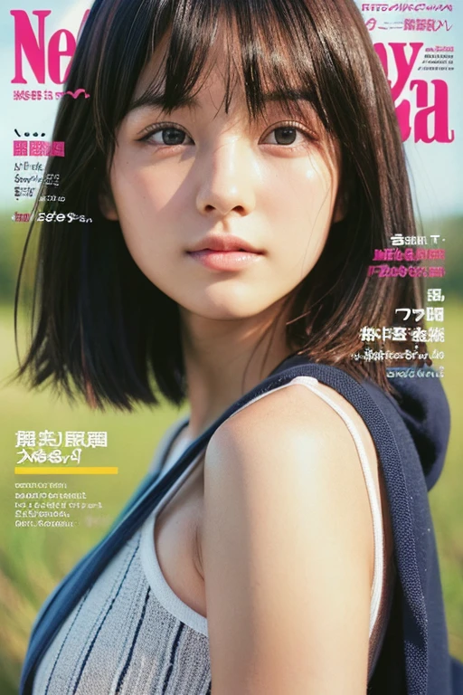 Analog Style, RAWphotograph, photograph, Hyperrealistic, amateur photo shot , Aesthetic artwork, ((Magazine Cover、Large text)),  Detailed skin, detailed natural raw light, Very detailedな, Cinematic, highest quality, Super detailed, Very detailed, grain, noise, Heading, stylish, font, Memorable、A boyish and healthy beautiful girl,((Flowing sweat)) Beautiful Eyes, Realistic eyes, Beautiful details in the eyes, (Realistic Skin),Japanese Idols、short hair、High school girl、チョーカー、（（（小さくて白いパンティ）））、キャミソール