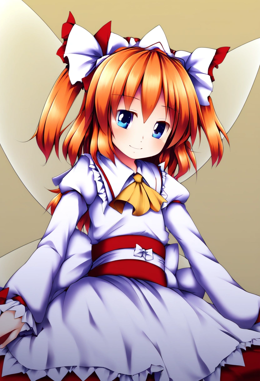 1girl, sunny milk (touhou), blue eyes, orange hair, two side up, fairy wings, yellow ascot, white headdress, hair ornament, sash, white bow, long sleeves, white dress, red skirt,