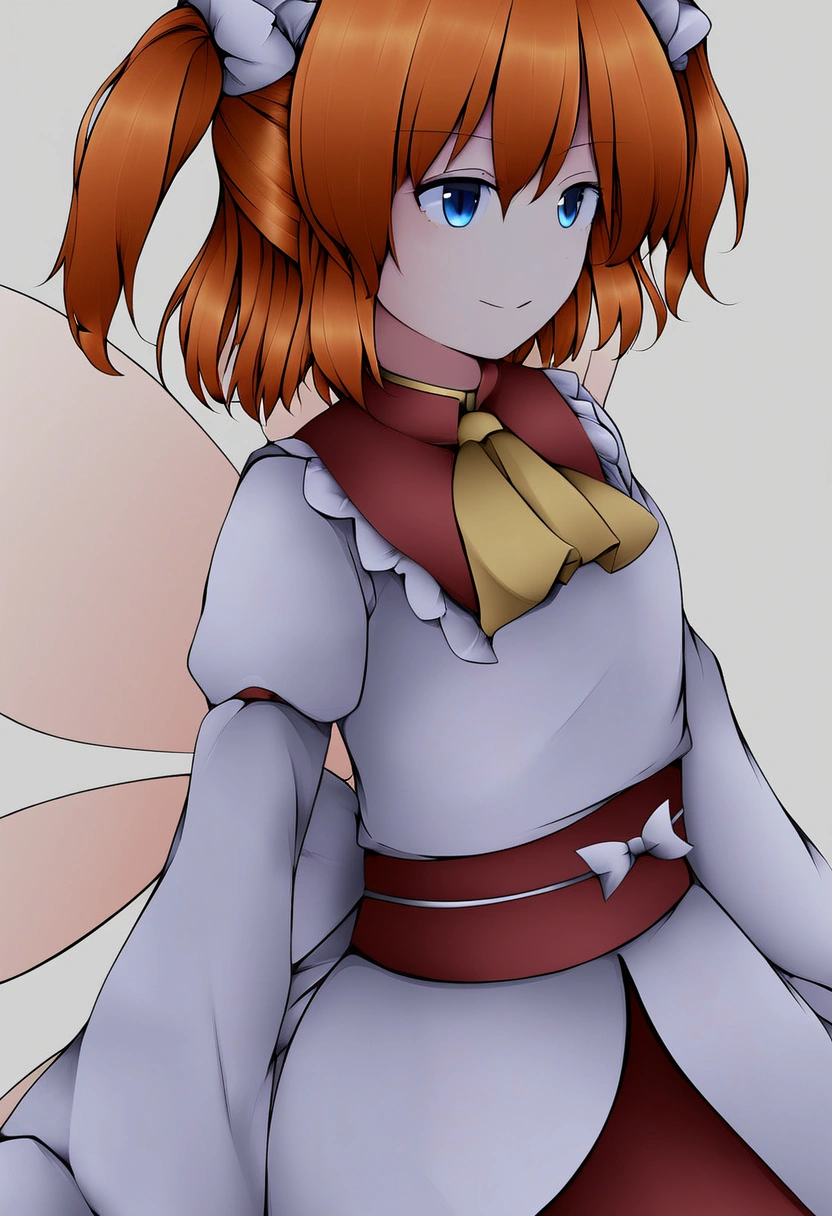 1girl, sunny milk (touhou), blue eyes, orange hair, two side up, fairy wings, yellow ascot, white headdress, hair ornament, sash, white bow, long sleeves, white dress, red skirt,