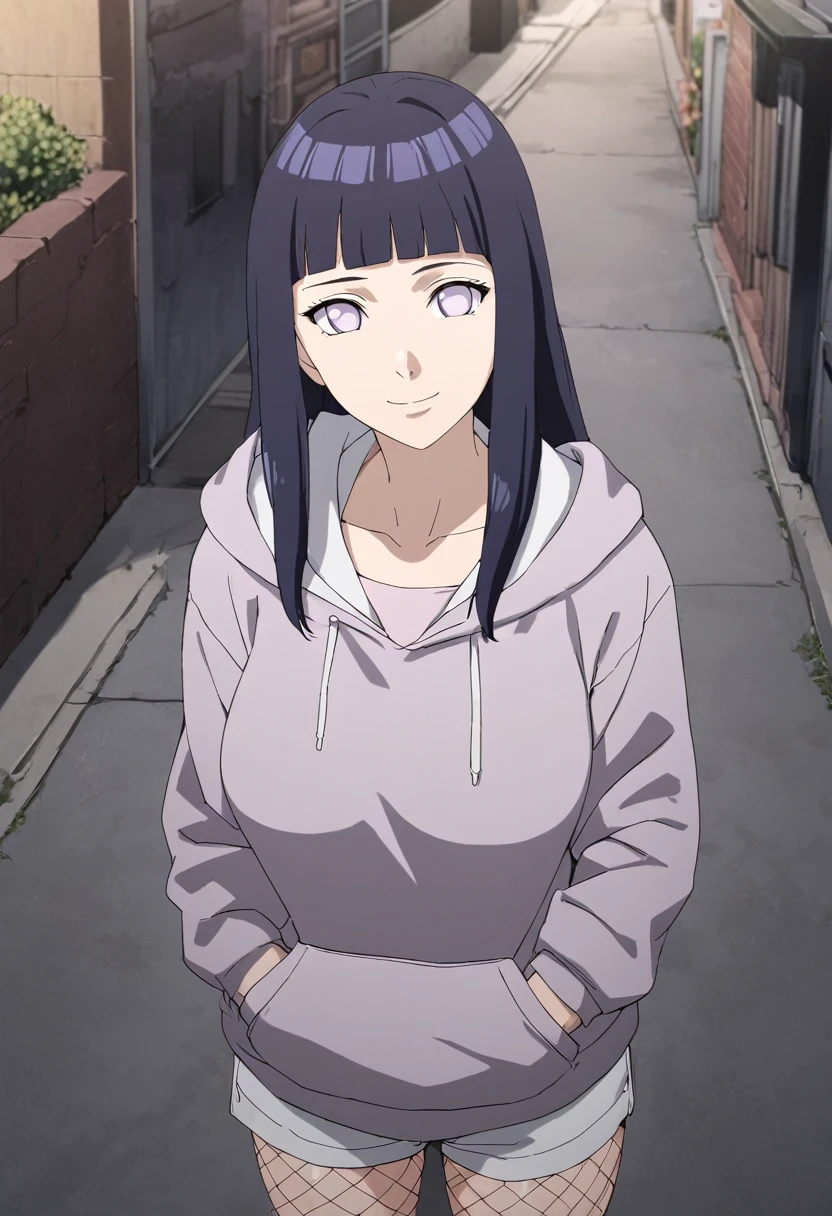 Best Quality,Masterpiece,high resolution,absurdities,The newest one,classification: general, (hinata, 1 girl, Hyuuga Hinata, purple eyes,white eyes, blunt bangs),fishnet pantyhose, Short shorts, hoodie,hand in pocket, SMILE,nod, street,cowboy shot, ?,(evening,evening sky),From above,big breasts,neckline, NSFW, naked