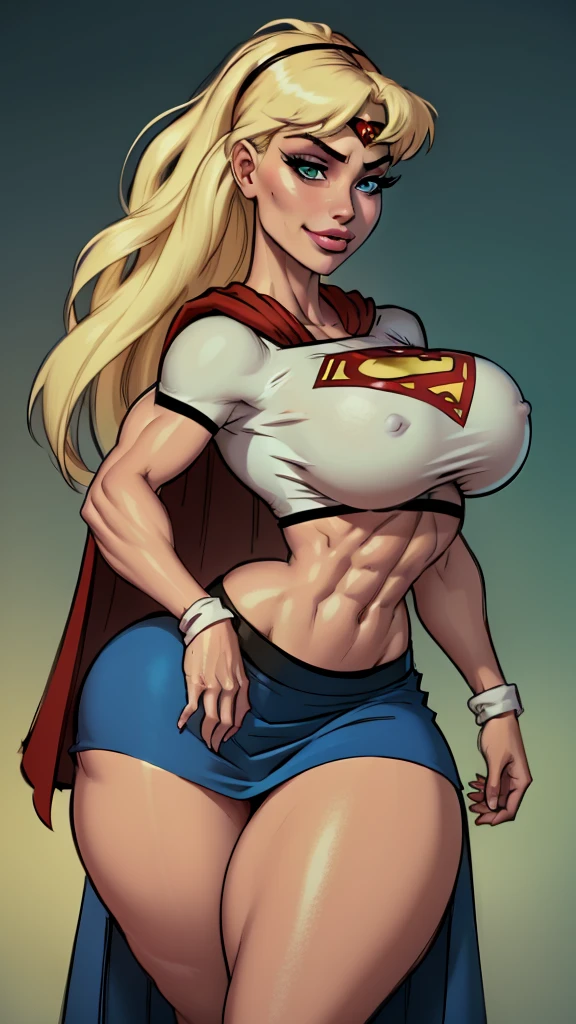 WITH YOUR BACK TO THE CAMERA,((ultra quality)), ((masterpiece)), supes, cute smile, smile, ((long blonde hair)), (Beautiful face), (beautiful female lips), (), charming, ((sexy facial expression)), (white skin color), (white skin), glare on the body, ((detailed beautiful female eyes)), ((dark brown eyes)), (juicy female lips), (dark eyeliner), (crop top, midriff, cape )(((headband))), (((blue long skirt))), wide eyebrows, abs, slanted green eyes, makeup eyelids, big cheekbones, thin cheeks, defined jaw, (beautiful female hands), ((ideal female figure)), ideal female body, beautiful waist, gorgeous thighs, beautiful huge breasts, cleavage,((subtle and beautiful)), sexy worth
