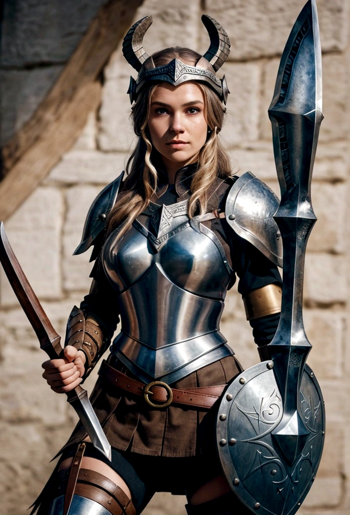 realistic, 1 girl, valkyrie, knight, helmet, medieval, warrior,look at viewer,Achieve the best quality and extreme detail in the composition. Incorporate a complex composition with Viking elements, such as a Viking helmet, shield, and axe. Use a color palette inspired by Viking aesthetics, featuring earthy tones like browns, greys, and deep reds. 